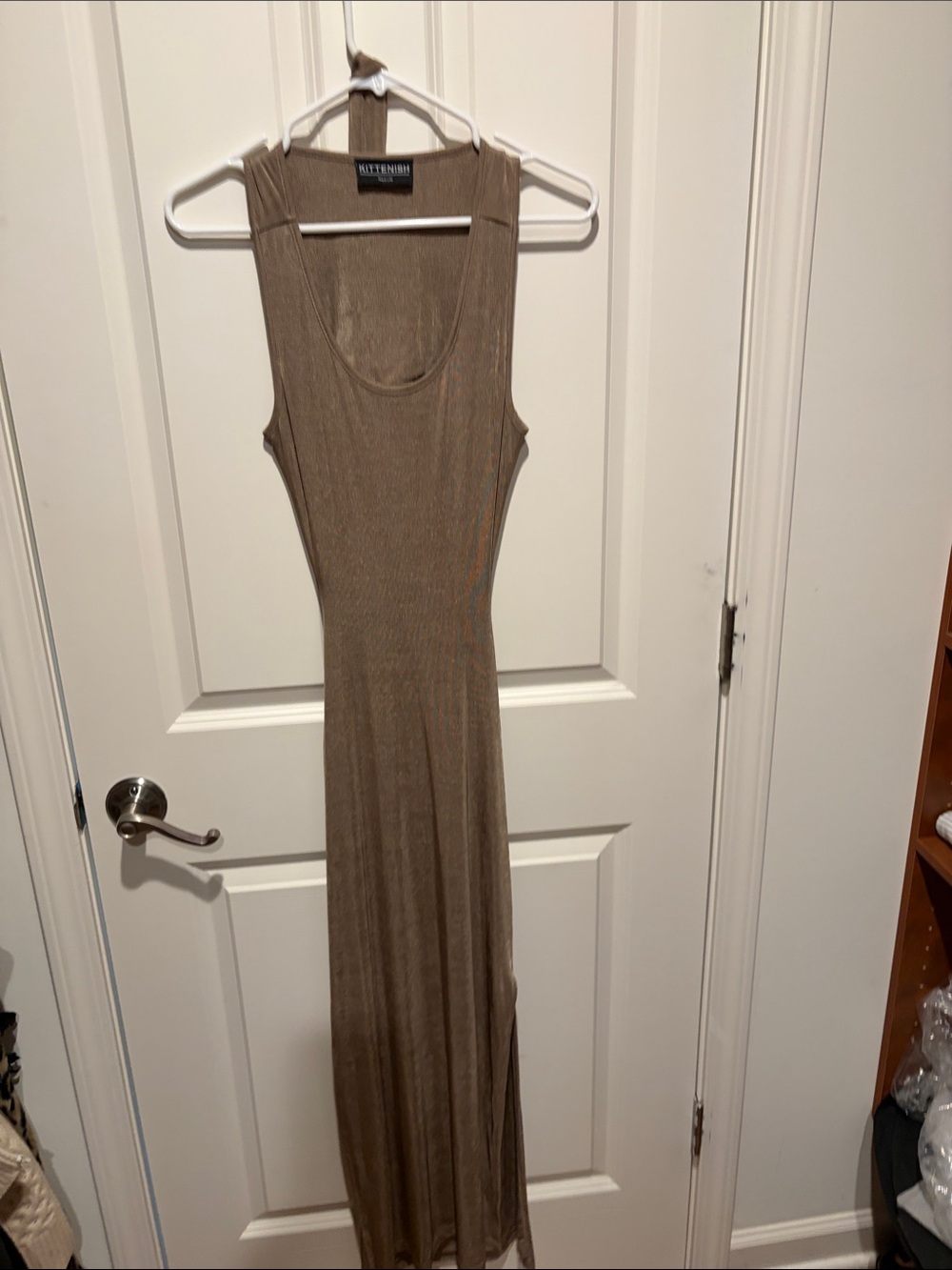 Kittenish Taupe Ribbed Scoop Neck Maxi Dress